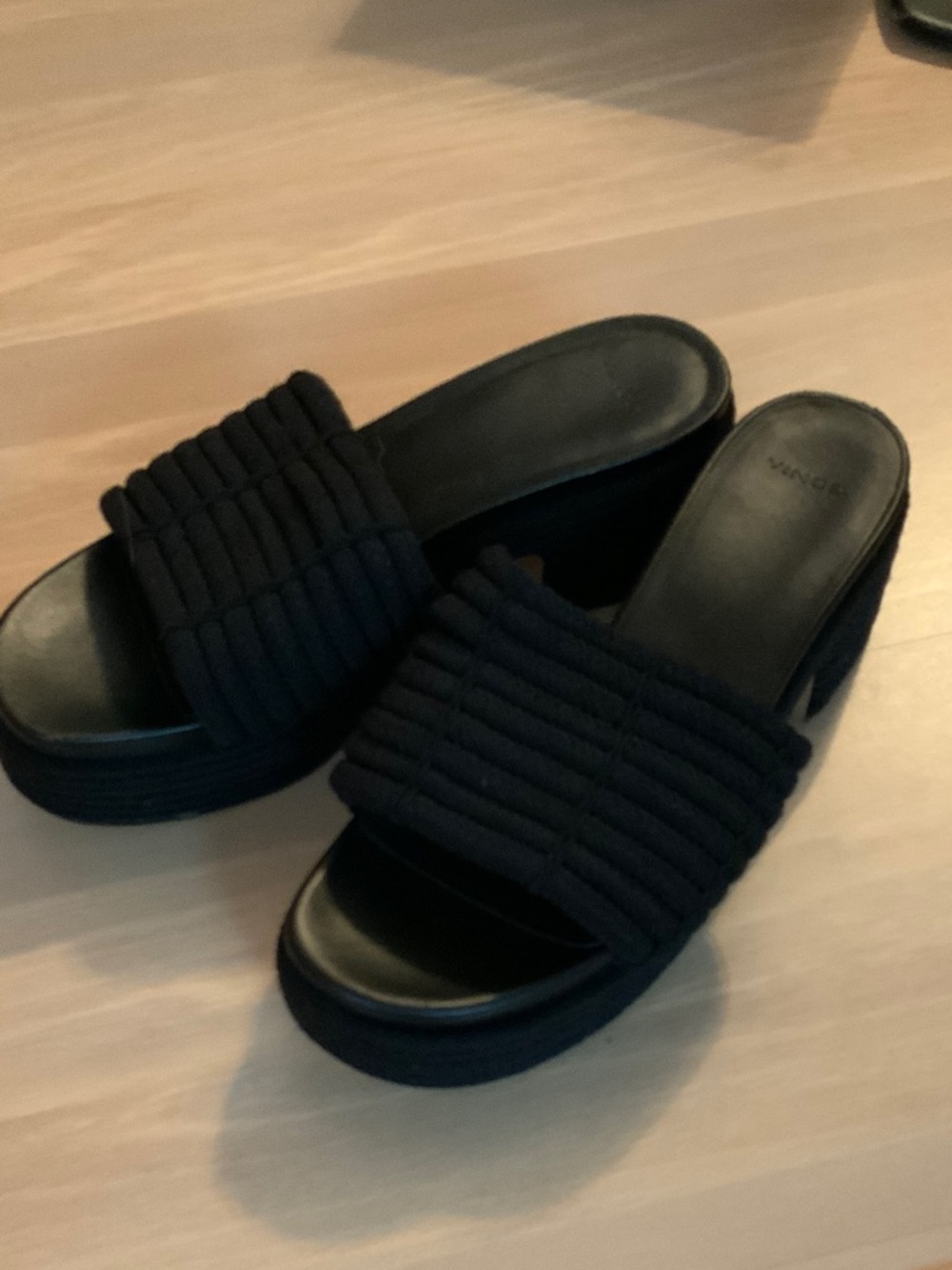 Vince Black Quilted Slide Platform Mules